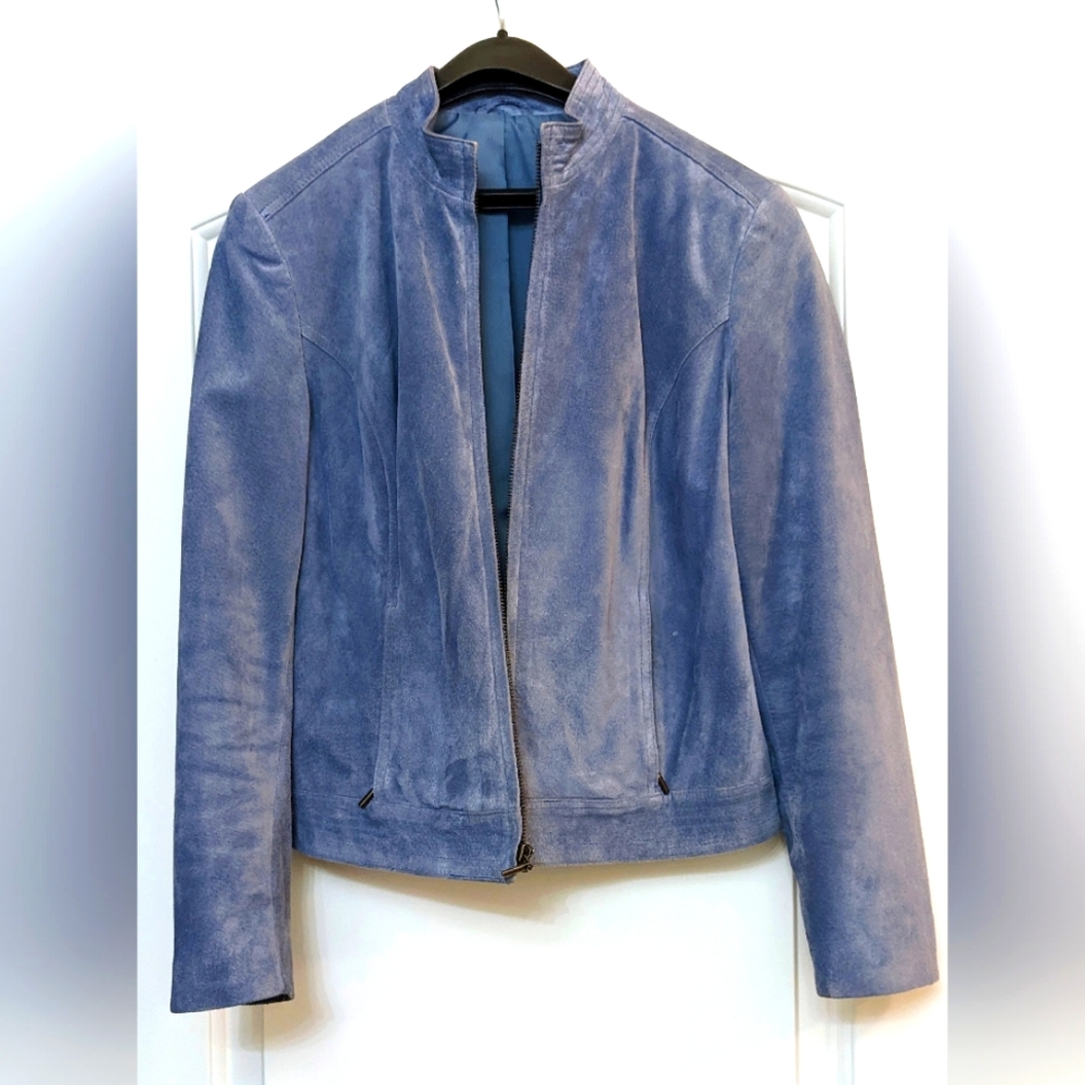 Vintage Valerie Stevens Blue Suede Jacket size small with tags removed.